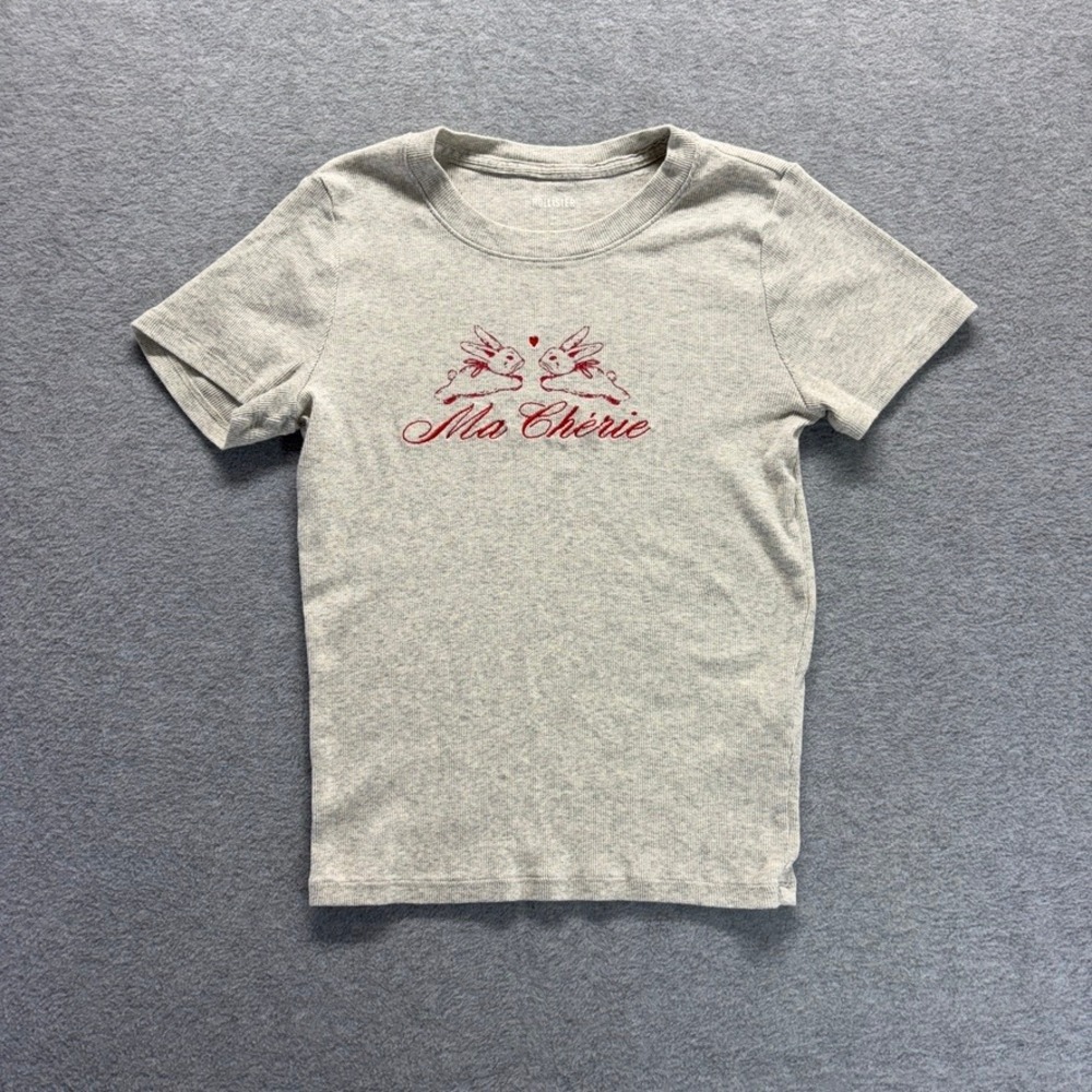 Hollister Ma Cherie Bunny Embroidered Ribbed Baby Tee Heather Grey Medium